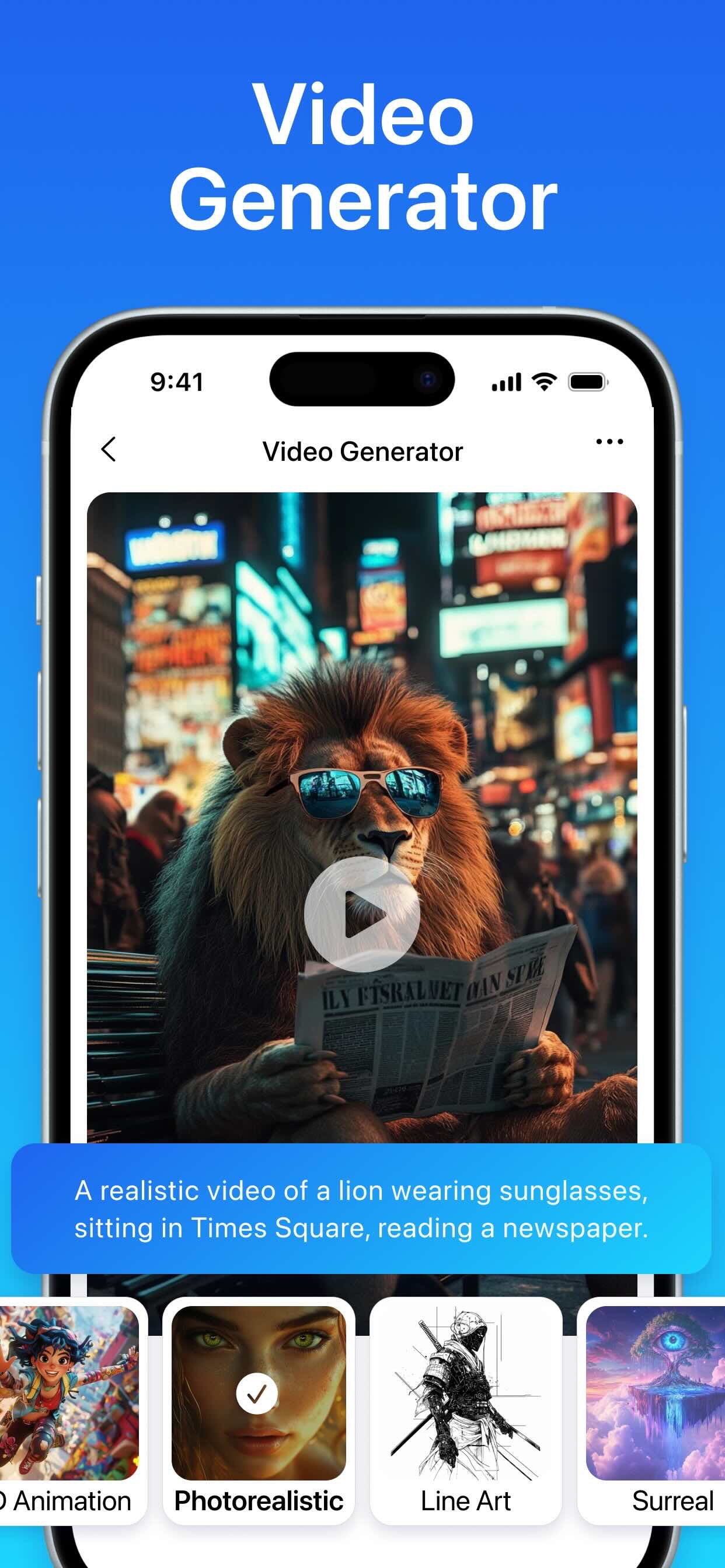 Chat AI video generator featuring a lion in Times Square