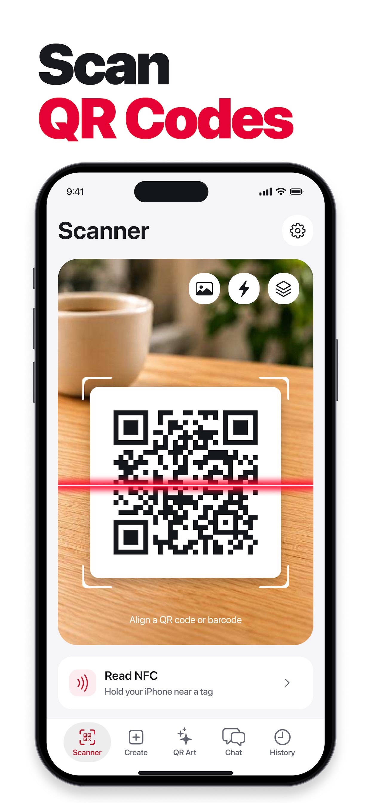 QR Code app scanning a code on a café table